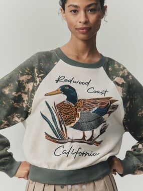 Anthropologie Redwood Coast California Duck Pullover Sweatshirt - Green & Cream